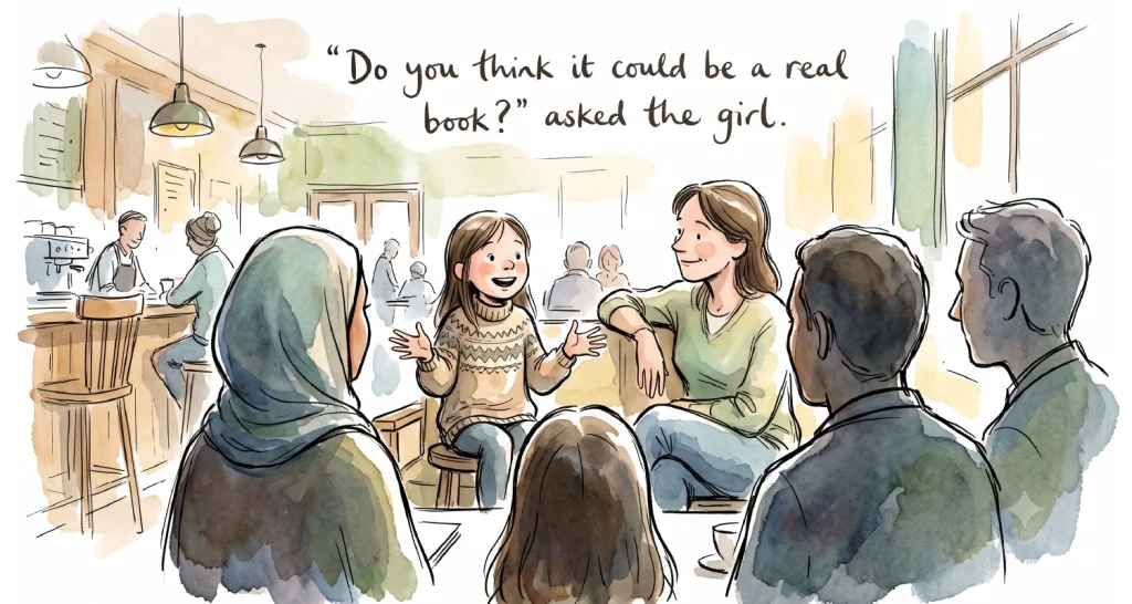 A heartwarming watercolor and ink sketch from a cafe perspective. In the midground, an eager young girl in a patterned sweater sits tall and gestures animatedly while talking. Beside her, her mother beams with pride. In the foreground, the publishing team—two men and a woman in a blue hijab—are seen from behind, framed as soft silhouettes that draw focus to the girl’s excitement. The overall scene is warm and minimalist. This is how The Next Chapter Project started.