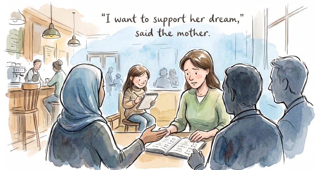 A gentle watercolor and ink illustration in a quiet cafe. A mother with brown hair and a green sweater holds her daughter’s hand across a wooden table, her face showing determination and love. In the foreground, the publishing team members (two men, one hijabi woman) are soft silhouettes, with one publisher’s hand extended in comfort. In the soft blue watercolor distance, the young girl happily sketches, emphasizing the mother’s supportive mission.