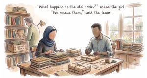 A detailed and cozy watercolor scene of three publishers, depicted as distinct but featureless silhouettes, working together at a rustic table. To the left, shelves are packed with old books; to the right, a window looks out to a garden. One team member in a blue hijab inspects a book. Another meticulously wraps books in rustic paper and ties them with twine. Labels for ‘HISTORY’ and ‘CLASSIC ADVENTURES’ are visible. Above, a magical ink sketch of a castle and dragon glows, symbolizing the funded future story.