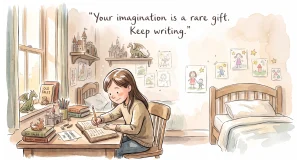 A heartwarming watercolor and ink illustration in the style of Charlie Mackesy. A young girl, smiling happily, is seated at a small wooden desk at home, hunched over a paper, writing with a pencil. Her room is cozy, with a large window and a shelf holding books and a tiny dragon toy. In the background, three very faint and gentle watercolor silhouettes of the publishing team watch over her from above like protective guardian angels. Above the scene, the quote “Your imagination is a rare gift. Keep writing.” is handwritten.